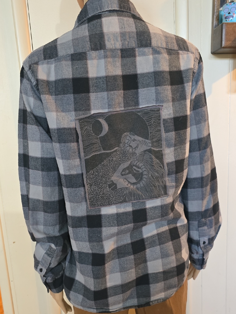 Handmade, Up-cycled Flannel Shirt with Graphic Sheep/Ram Patch